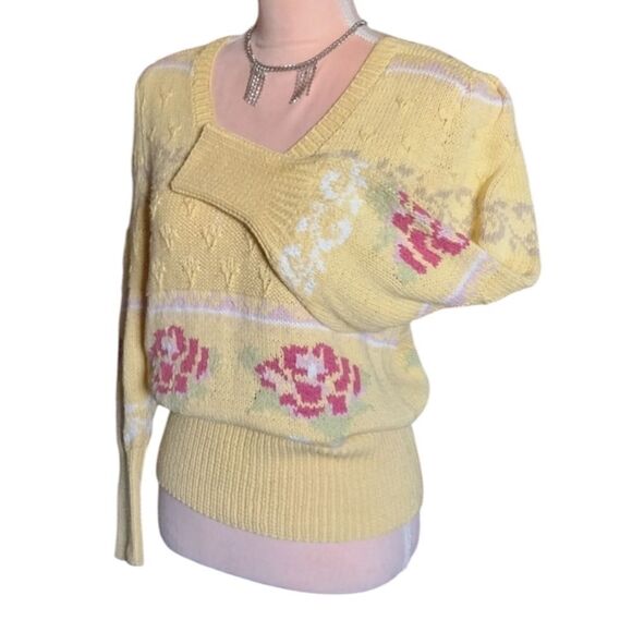 VTG 70s Yellow Pink Floral Cable Knit Vneck Sweater Large *Fits like Small - Picture 14 of 16